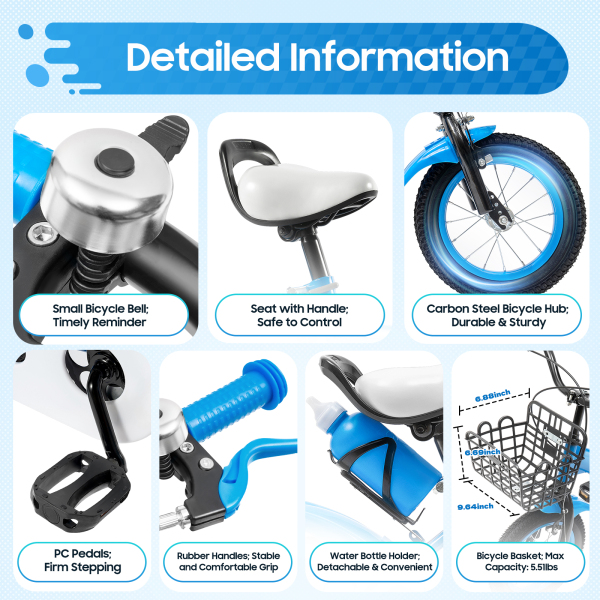 12 Inch Children's Bike Carbon Steel Alloy Bicycle With Brake And Training Wheels For Toddler Boy And Girl Applicable To Towns Beaches 27.6*15.7inch Blue