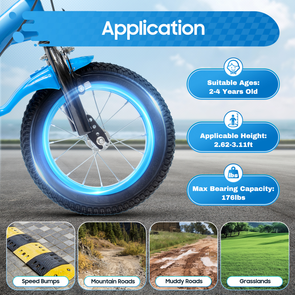 12 Inch Children's Bike Carbon Steel Alloy Bicycle With Brake And Training Wheels For Toddler Boy And Girl Applicable To Towns Beaches 27.6*15.7inch Blue