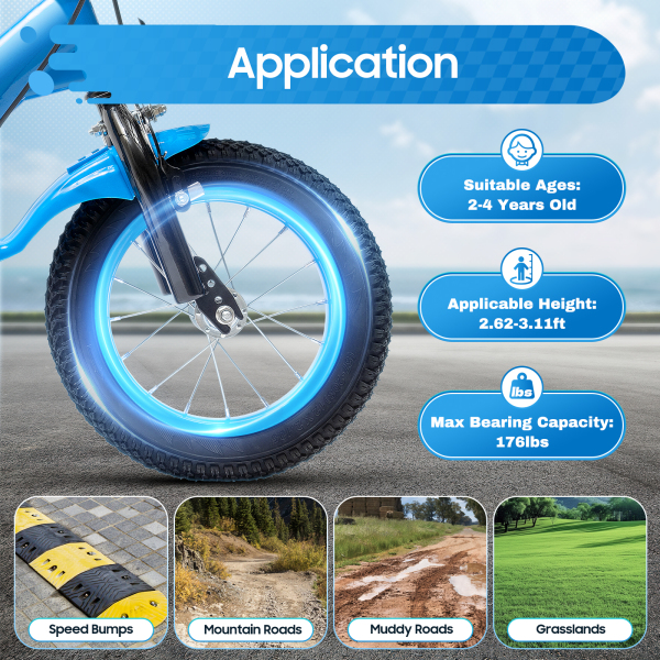12 Inch Children's Bike Carbon Steel Alloy Bicycle With Brake And Training Wheels For Toddler Boy And Girl Applicable To Towns Beaches 27.6*15.7inch Blue