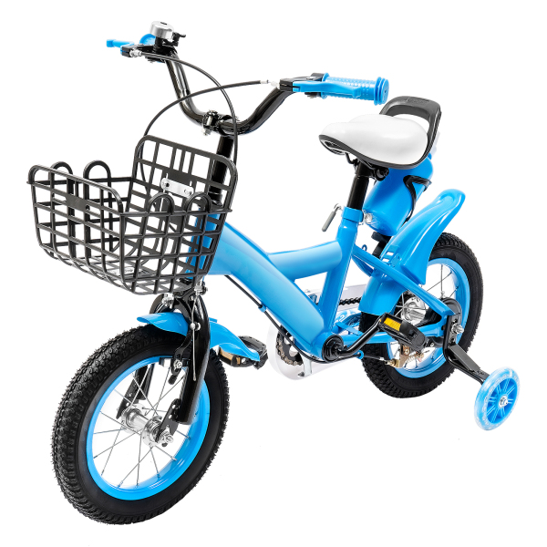 12 Inch Children's Bike Carbon Steel Alloy Bicycle With Brake And Training Wheels For Toddler Boy And Girl Applicable To Towns Beaches 27.6*15.7inch Blue