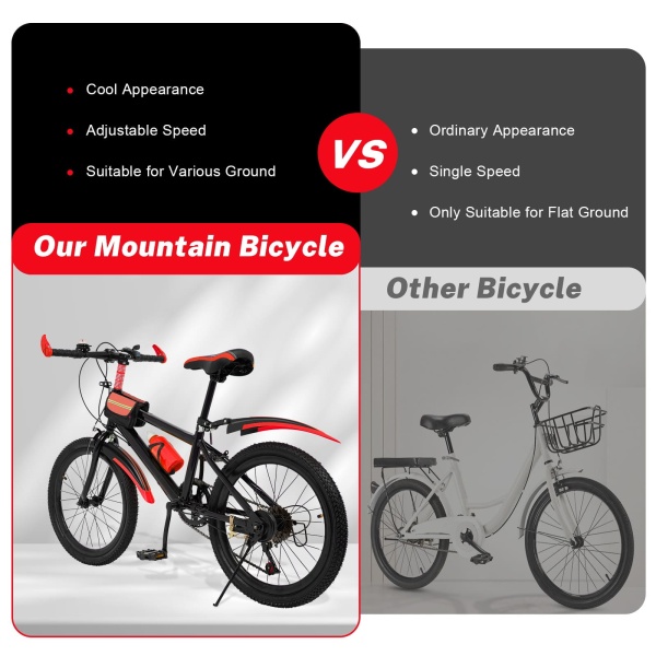 20 Inch Mountain Bike Carbon Steel Children's Mountain Bike Double Disc for Girls Boys  Kids Girls Boys Bike 7 Gang Speed 85 Kg Red