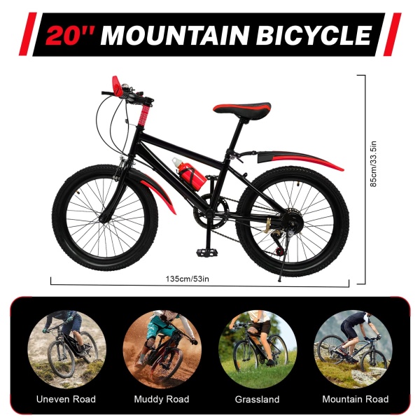 20 Inch Mountain Bike Carbon Steel Children's Mountain Bike Double Disc for Girls Boys  Kids Girls Boys Bike 7 Gang Speed 85 Kg Red