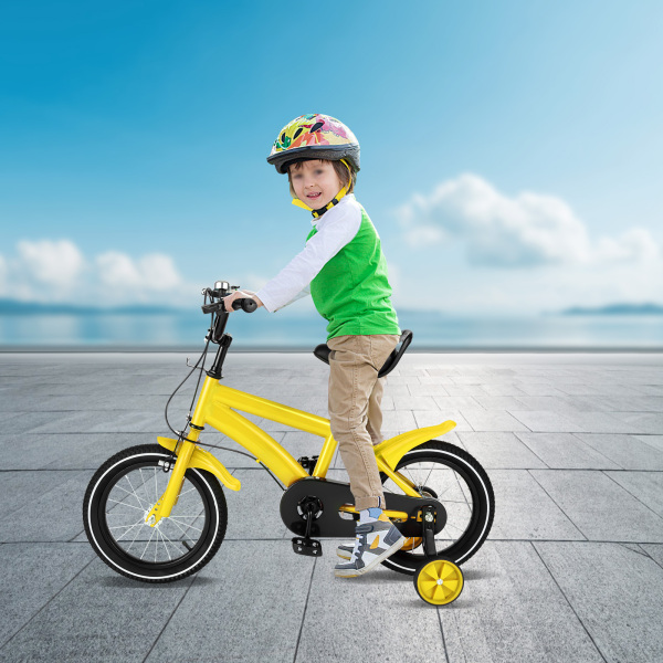 14 Inch Children's Bike Yellow Cool and Safe Play Bike Unisex Bike with Removable Stabilizers Gift for Child Yellow Carbon Steel Alloy 27.1inch to 30.3inch