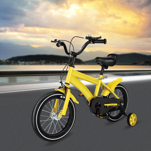 14 Inch Children's Bike Yellow Cool and Safe Play Bike Unisex Bike with Removable Stabilizers Gift for Child Yellow Carbon Steel Alloy 27.1inch to 30.3inch