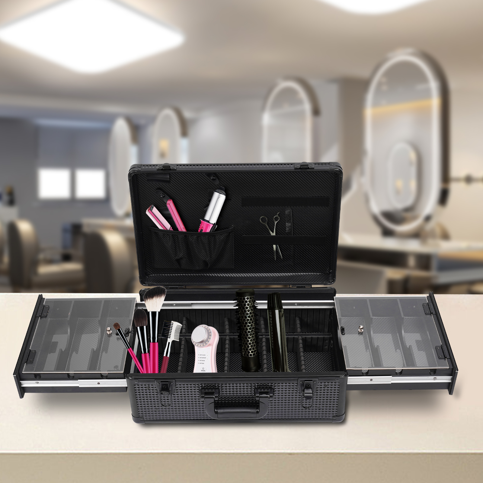 Aluminum Makeup Case Tool Case for Storing Scissors Makeup and Other Items Used By Hair Stylists Pet Groomers 19.7*13*7.8inch Black Aluminum Makeup Case Tool Case for Storing Scissors Makeup and Other Items Used By Hair Stylists Pet Groomers 19.7*13*7.8inch Black