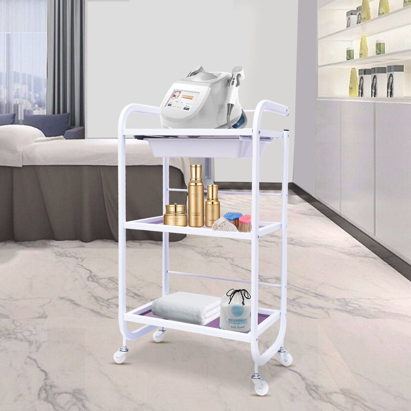 Meal Frame Rolling Trolley Cart with 3-Tiers and 1 Drawer for Storage - Shelf (White) Classic Design for Spar, Nail Salon and Hairdresser