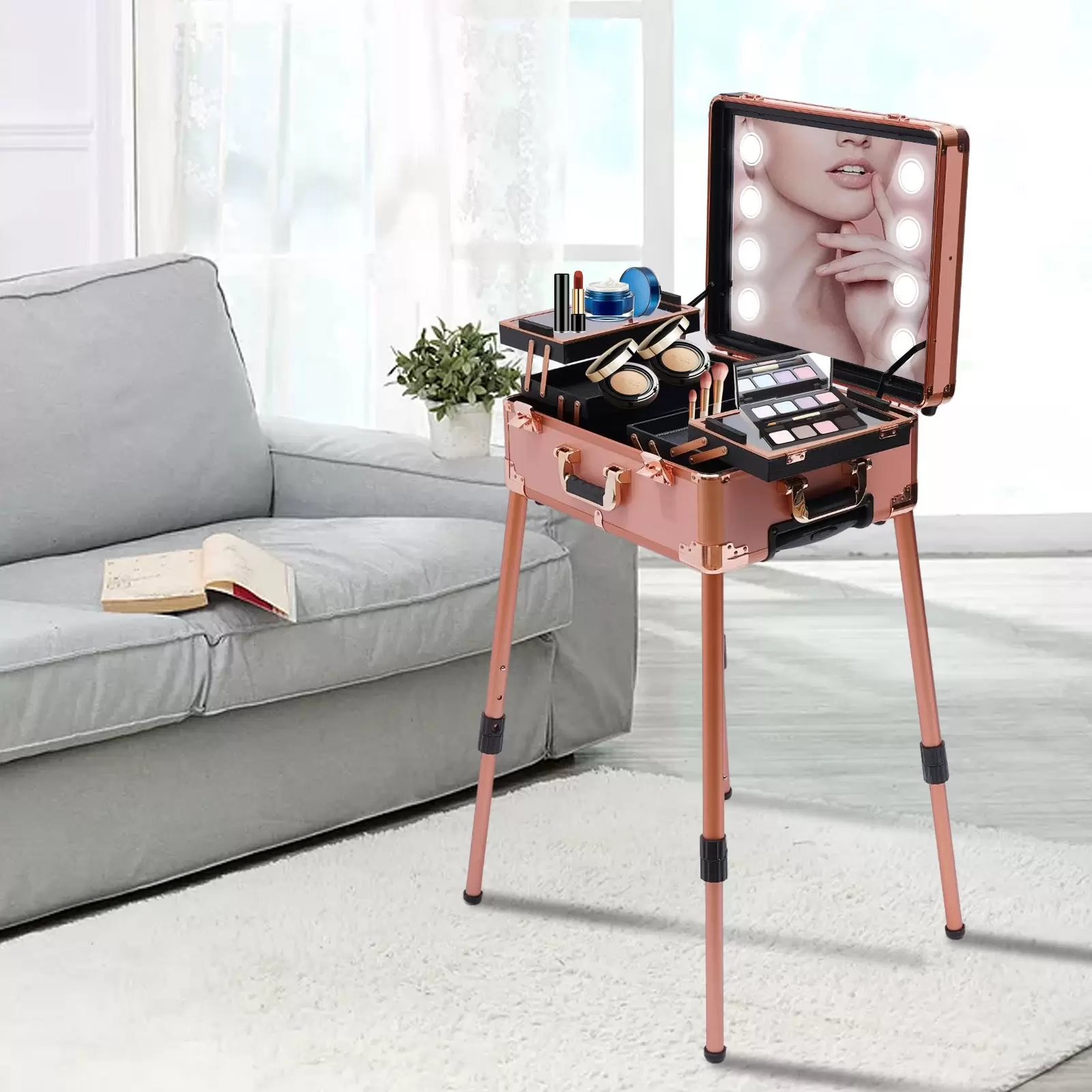 Makeup box, vanity with 4 wheels, lighting, mirror, professional vanity, easy to clean lid and shelves Makeup box, vanity with 4 wheels, lighting, mirror, professional vanity, easy to clean lid and shelves