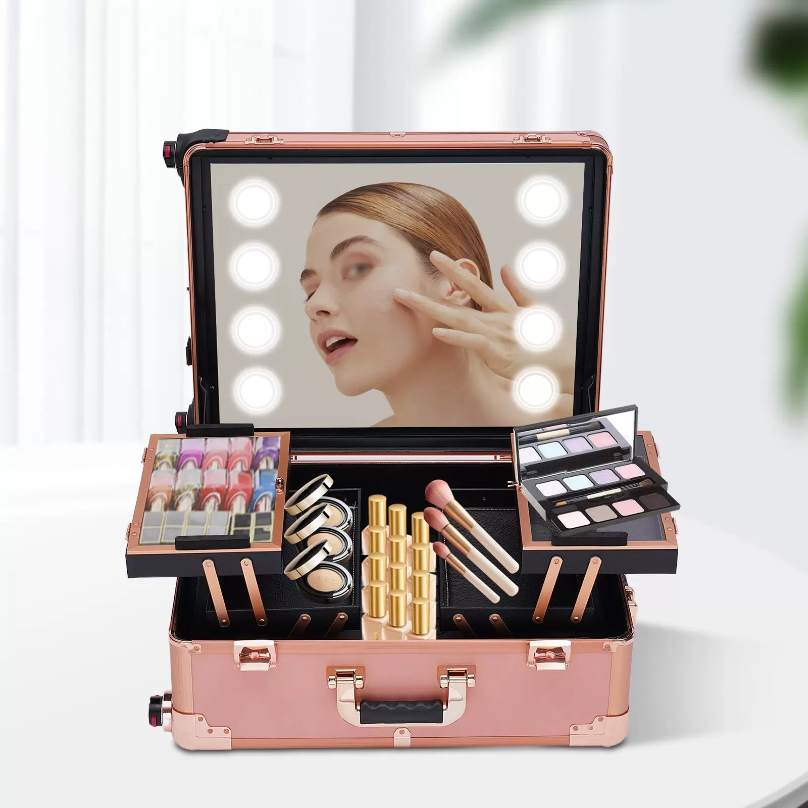 Makeup box, vanity with 4 wheels, lighting, mirror, professional vanity, easy to clean lid and shelves Makeup box, vanity with 4 wheels, lighting, mirror, professional vanity, easy to clean lid and shelves