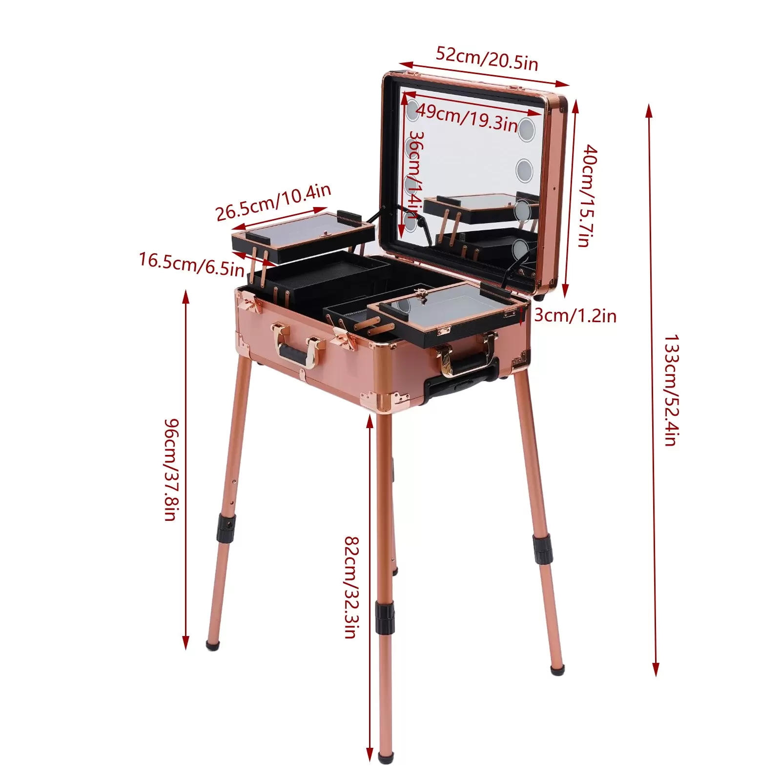 Makeup box, vanity with 4 wheels, lighting, mirror, professional vanity, easy to clean lid and shelves Makeup box, vanity with 4 wheels, lighting, mirror, professional vanity, easy to clean lid and shelves
