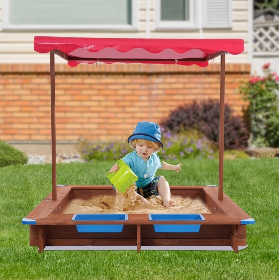 Covered Wooden Sandpit, Children's Sandpit, Garden Sandpit, Red