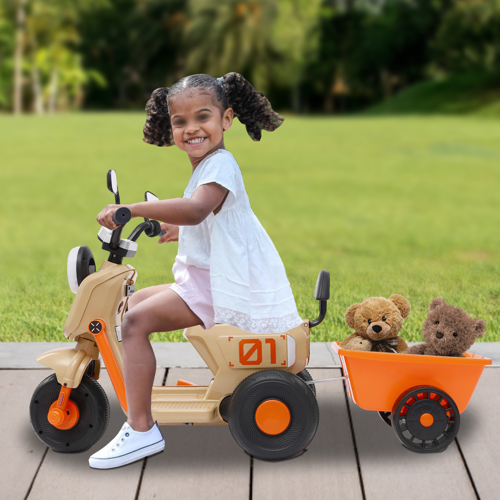 Electric Motorcycle With Rear Bucket European Standard Children's Electric Motorcycle Modern Without 6V4.5AH Batteries Beige Electric Motorcycle With Rear Bucket European Standard Children's Electric Motorcycle Modern Without 6V4.5AH Batteries Beige
