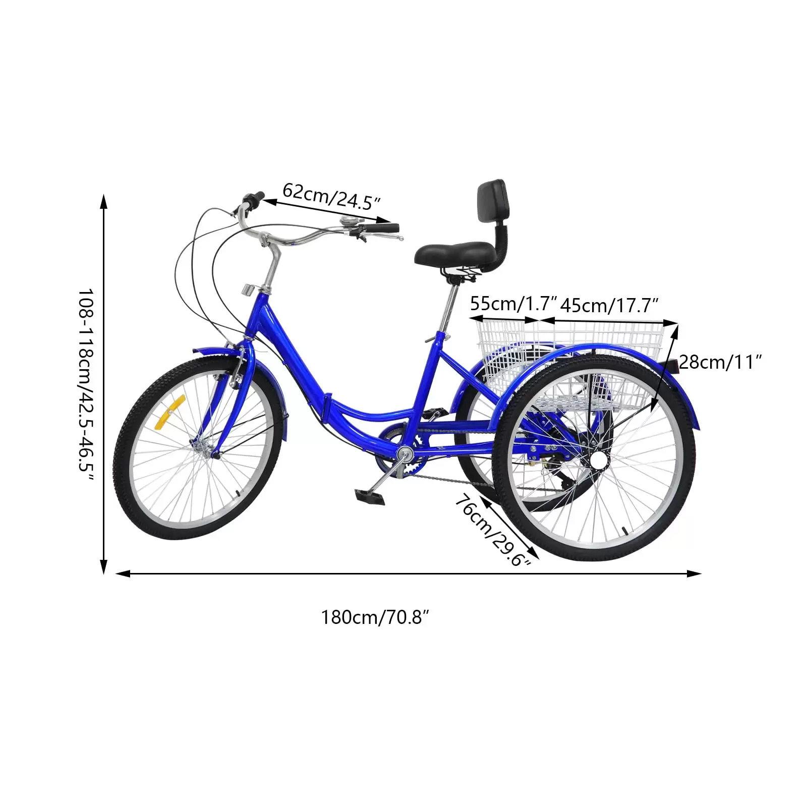 Tricycle for Adults 24 Inch 7-Speed Tricycle for Seniors Folding Bike 3 Wheel Tricycle Cruise Tricycle 3-Wheel Bicycle Tricycle Cargo Bike with Basket