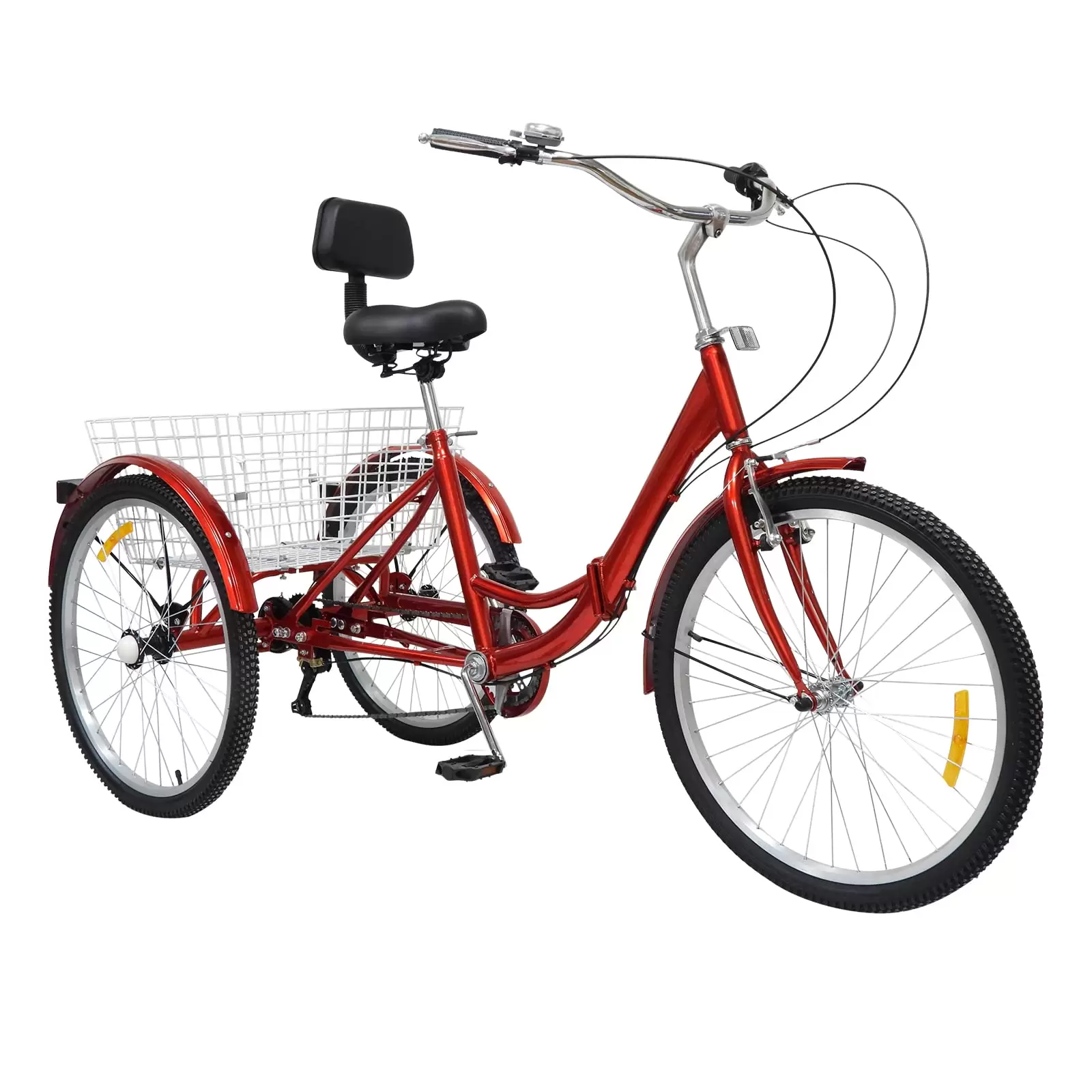 Folding Bike 24 Inch Adult Tricycle 3 Wheels Bike with Basket and Backrest 7 Speed Tricycle for Senior Adults（Red）