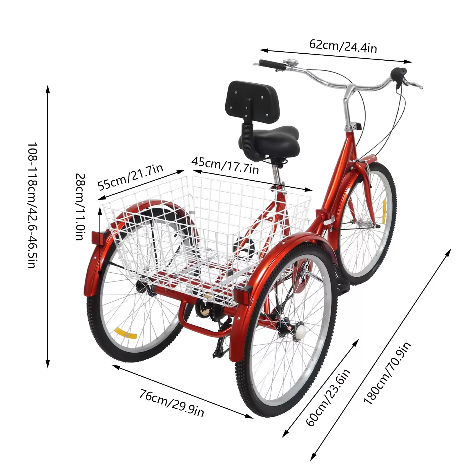 Folding Bike 24 Inch Adult Tricycle 3 Wheels Bike with Basket and Backrest 7 Speed Tricycle for Senior Adults（Red）