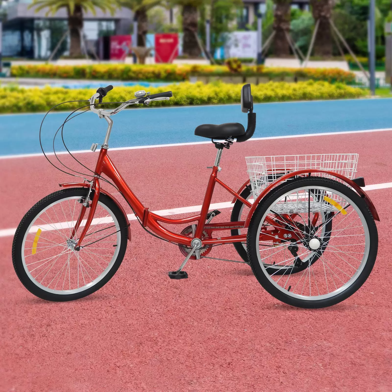 Folding Bike 24 Inch Adult Tricycle 3 Wheels Bike with Basket and Backrest 7 Speed Tricycle for Senior Adults（Red）
