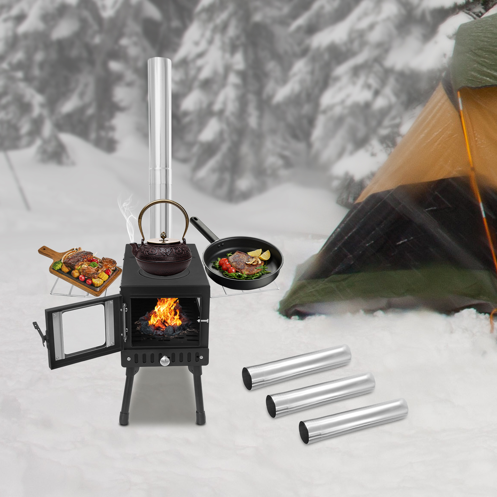 Tent Stove, Portable Camping Stove for Tent, Burning Stove with 5 Section Chimney Pipes Tent Stove, Portable Camping Stove for Tent, Burning Stove with 5 Section Chimney Pipes
