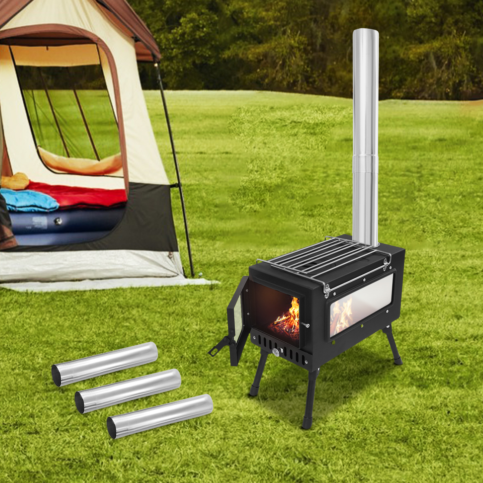 Tent Stove, Portable Camping Stove for Tent, Burning Stove with 5 Section Chimney Pipes Tent Stove, Portable Camping Stove for Tent, Burning Stove with 5 Section Chimney Pipes