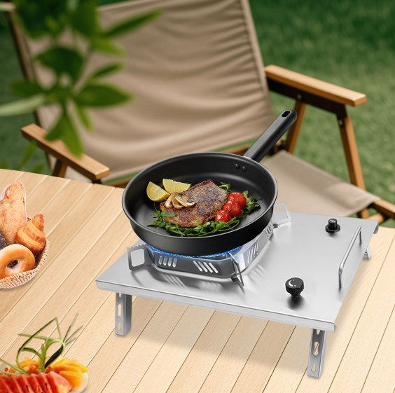 Camping stove, portable stove with adjustable burners, foldable tabletop