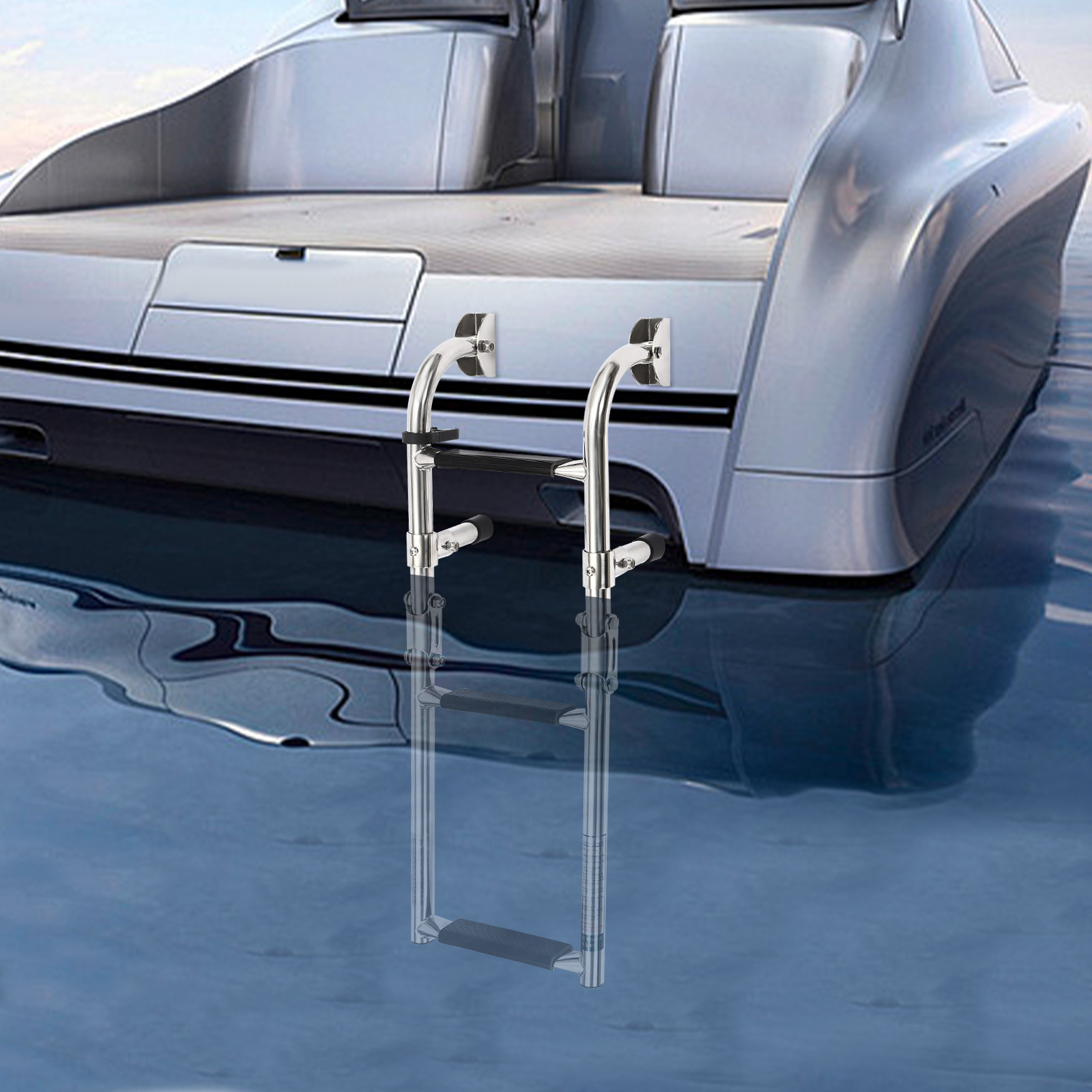 3 Step Folding Ladder Polished Stainless Steel Boat Pontoon Ladder Stainless Steel Ladder For Yachts Speedboats Fishing Boats