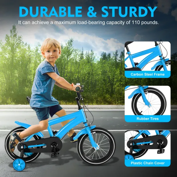 14in Children Bicycle Boys Girls Kids Bike w/Auxiliary Wheel Stabiliser Outdoor With Safety Training Wheel Blue 2-4 Years Old Children Bicycle
