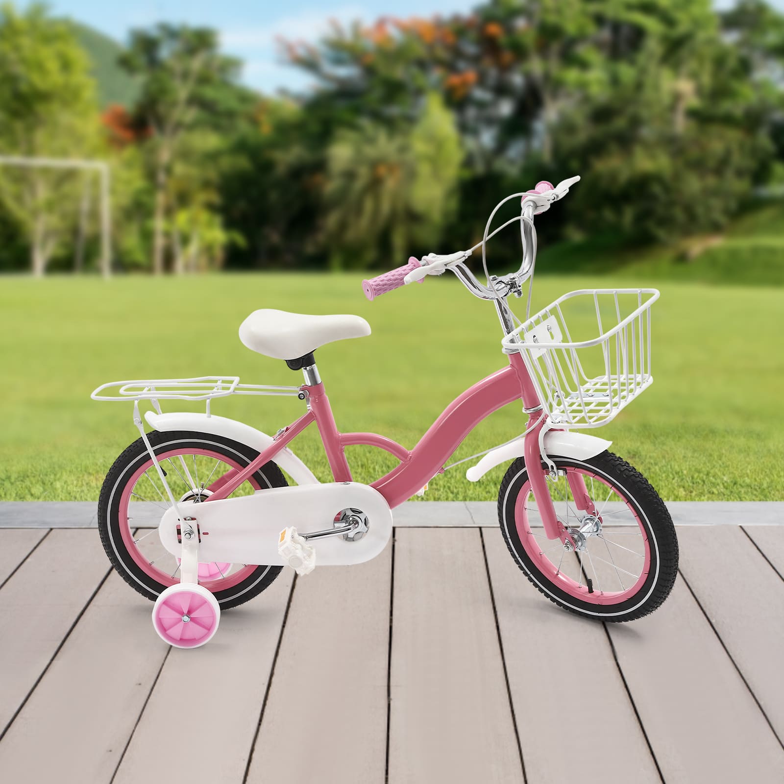 14-inch children's bike with stabilizing wheels and hand brake from 3 years old Balance and Pedal Learning Bicycle Children's Bicycle Pink
