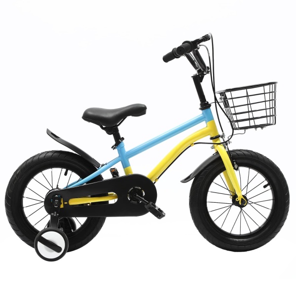 14-inch Children's Bike With Stabilizers Handbrake Mudguard And Basket With Stabilisers Handbrake Colour Macaroon Yellow＆blue