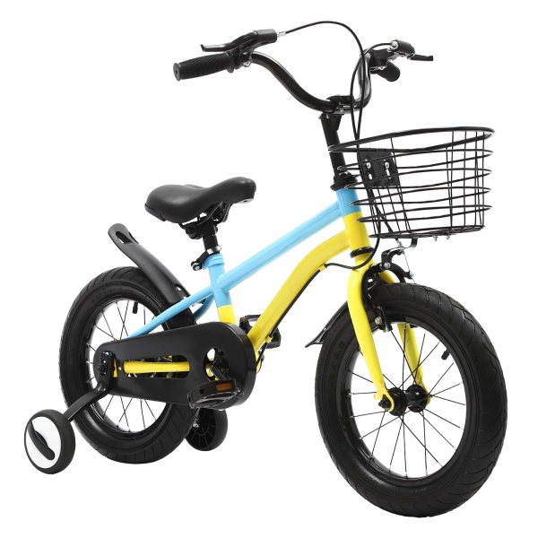 14-inch Children's Bike With Stabilizers Handbrake Mudguard And Basket With Stabilisers Handbrake Colour Macaroon Yellow＆blue