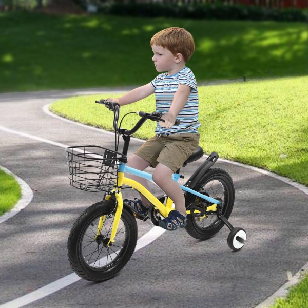 14-inch Children's Bike With Stabilizers Handbrake Mudguard And Basket With Stabilisers Handbrake Colour Macaroon Yellow&blue 14-inch Children's Bike With Stabilizers Handbrake Mudguard And Basket With Stabilisers Handbrake Colour Macaroon Yellow&blue