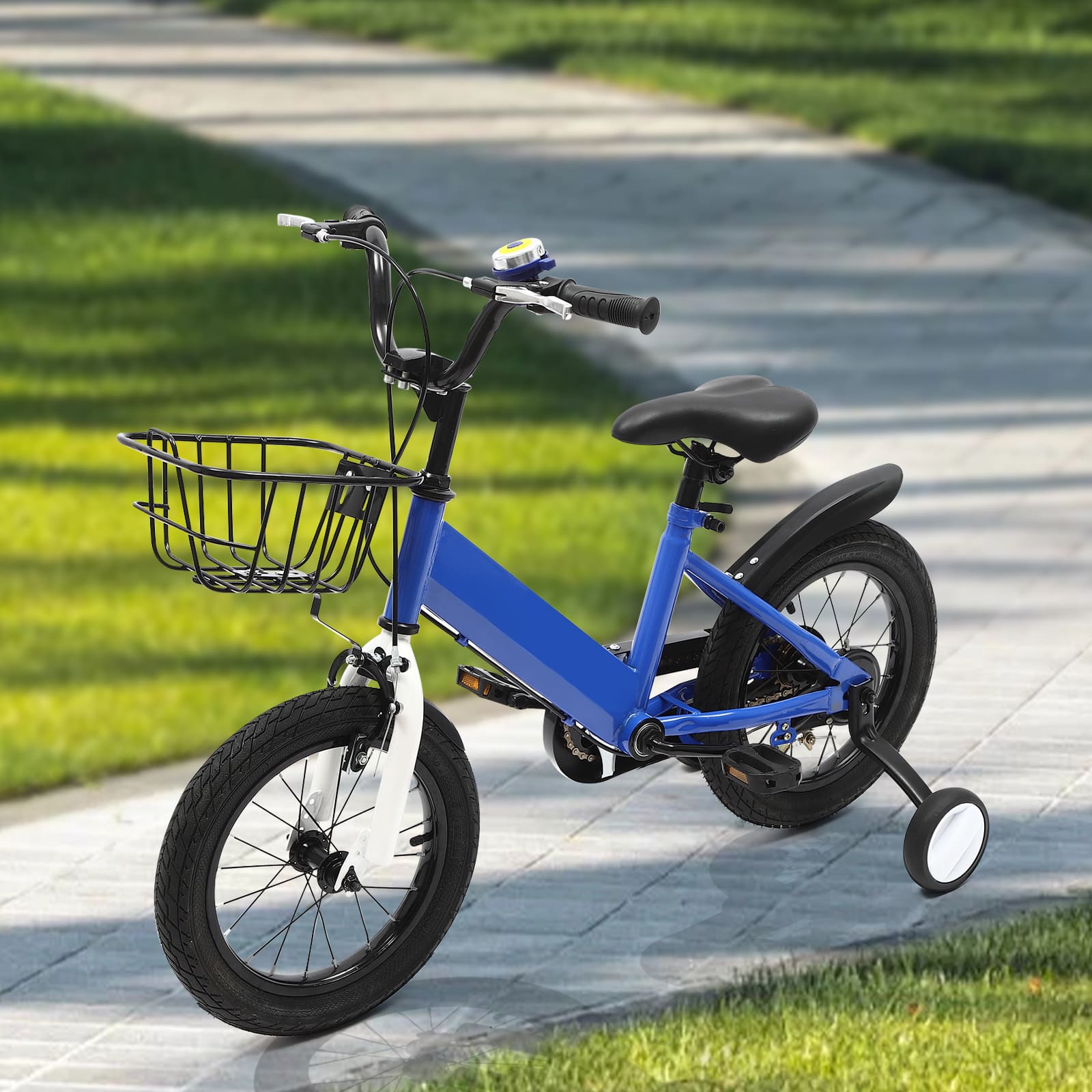 14 Inch Unisex Children's Bike with Auxiliary Wheel Coaster Brake Training Wheels Suitable Gift for 3-5 Years Old Children Blue