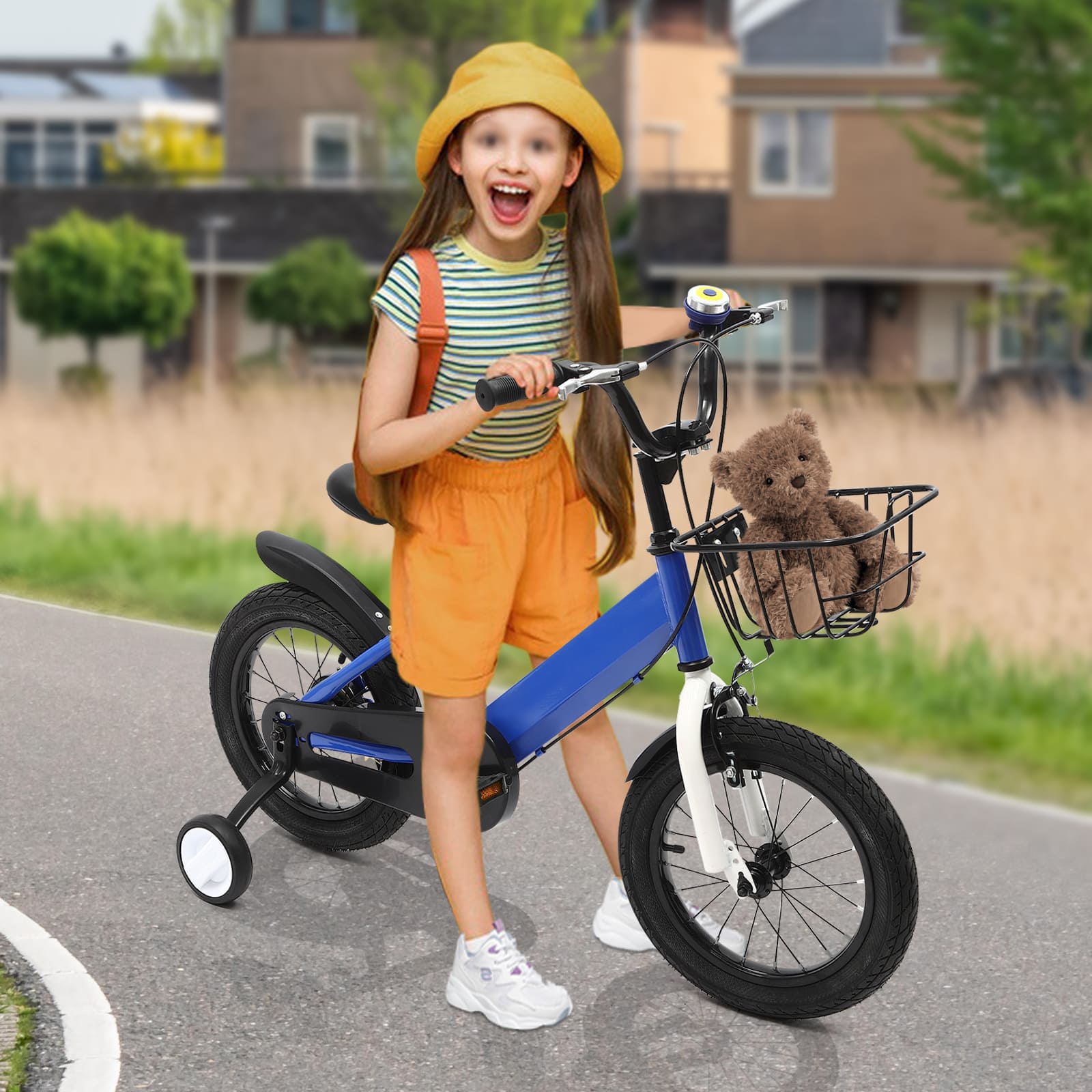 14 Inch Unisex Children's Bike with Auxiliary Wheel Coaster Brake Training Wheels Suitable Gift for 3-5 Years Old Children Blue