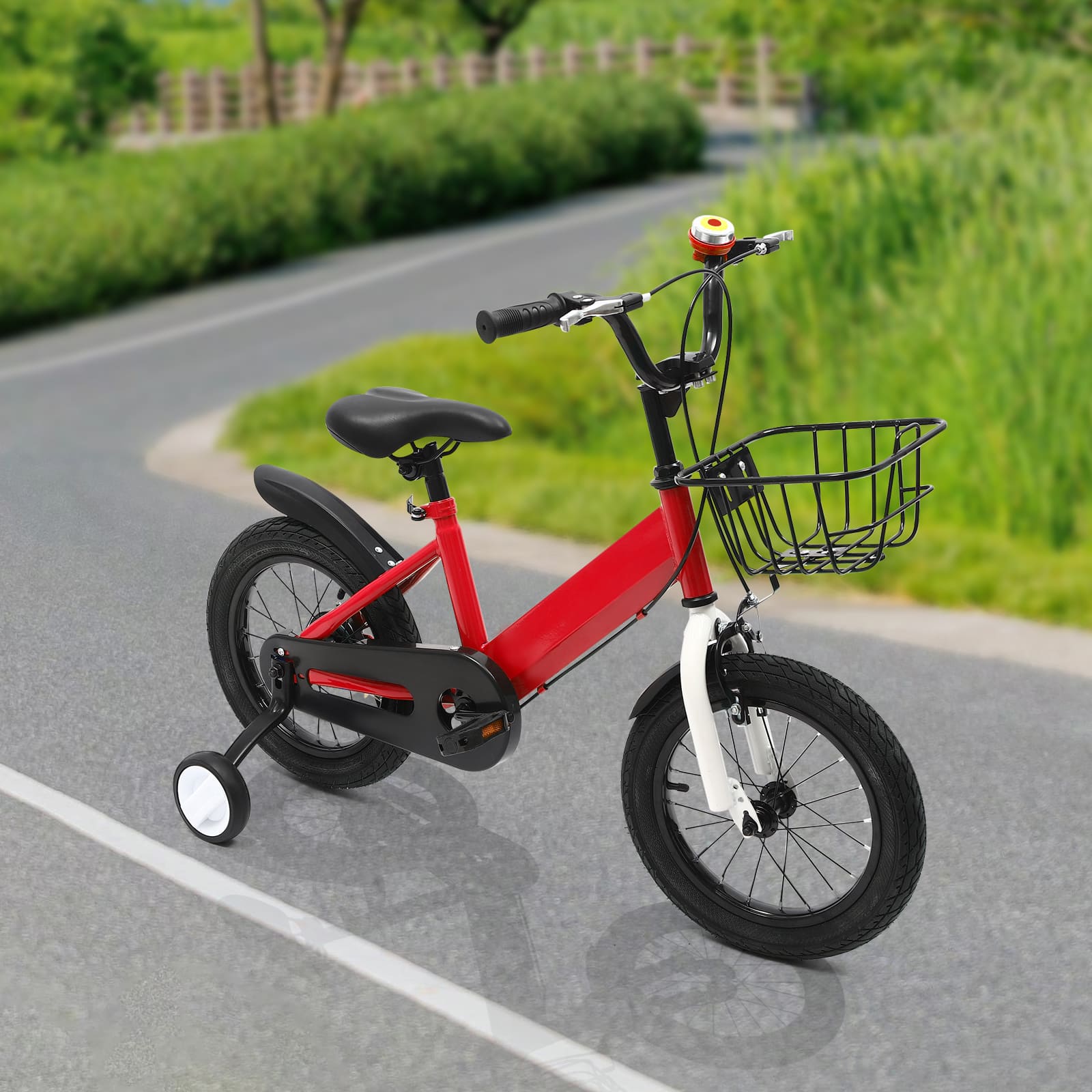 14 Inch Unisex Children's Bike with Auxiliary Wheel Coaster Brake Training Wheels Suitable Gift for 3-5 Years Old Children Red