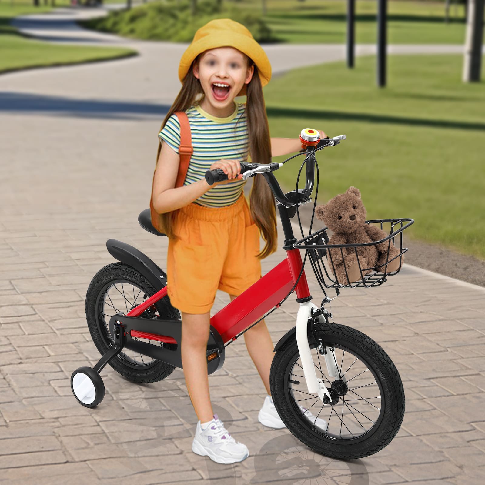 14 Inch Unisex Children's Bike with Auxiliary Wheel Coaster Brake Training Wheels Suitable Gift for 3-5 Years Old Children Red