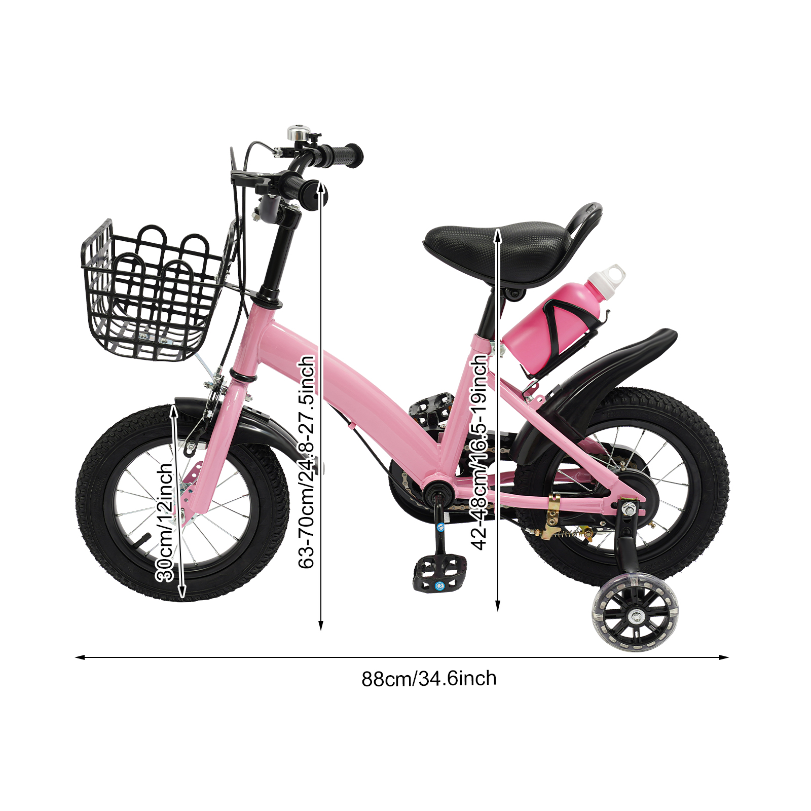 12 Inch Children's Bicycle for Children who are 31.5-41.34" in Height and Aged from 2-5 Years Old to Ride on Various Roads - Pink