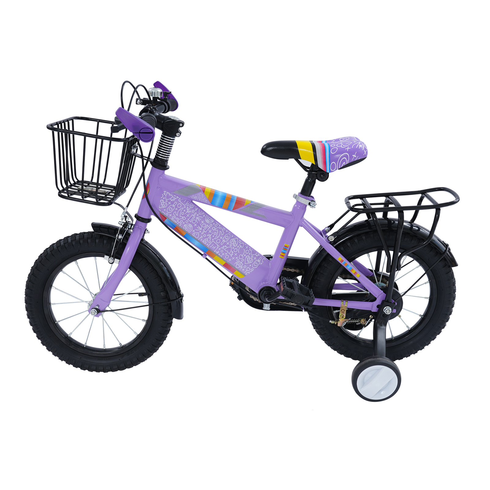 14in Children's Bicycle, Kids' Bike Rear Seat with Cargo Rail, Children's Bicycle with Basket for 3-6 Year Old - Purple