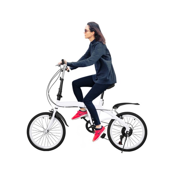 20" Carbon Steel Folding Bike - Small Unisex Folding Bike - 6 Speeds - Front V Brake and Rear Brake - City Bike for Adults - White
