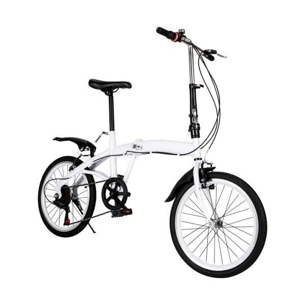 20" Carbon Steel Folding Bike - Small Unisex Folding Bike - 6 Speeds - Front V Brake and Rear Brake - City Bike for Adults - White