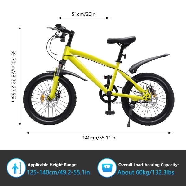 18 Inch Kids Girls Boys Bike Children's Bicycle 18" Wheel Mountain Bike 1 Speed Yellow Boys Girls Freestyle BMX Bicycle