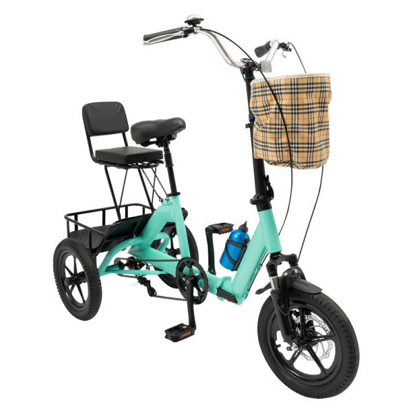 14 inch folding tricycle, folding tricycle with basket, folding tricycle for adults and seniors(green)