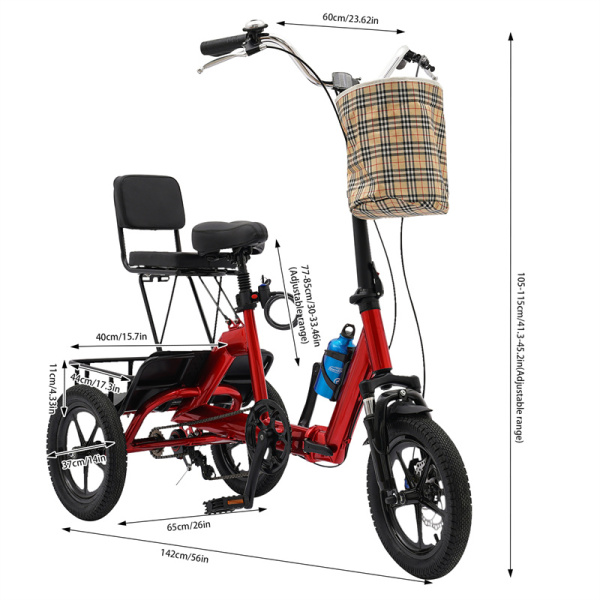 14 Inch Folding Tricycle, Folding Tricycle With Basket, Folding Tricycle For Adults And Seniors (Red)