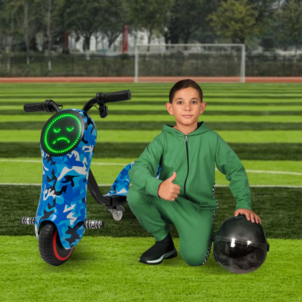 Tricycle with Electric Motor, Electric Drift Scooter for Kids, Drift Tricycle Scooter (Camouflage Blue)