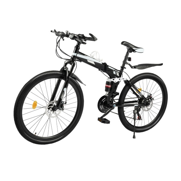 26’ 21-speed folding mountain bike, high-carbon steel MTB mechanical disc brake, for mountain, road, rural and urban cycling (black & silver)
