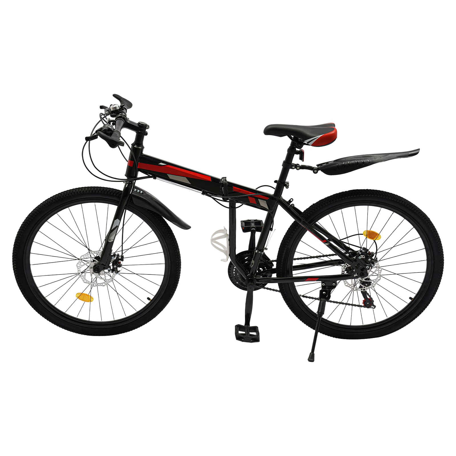 26’ folding mountain bike with 21 gears, high-carbon steel MTB mechanical disc brake, for mountain, road, rural and urban cycling (black & red)