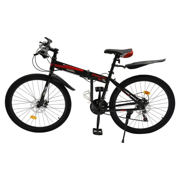 26’ folding mountain bike with 21 gears, high-carbon steel MTB mechanical disc brake, for mountain, road, rural and urban cycling (black & red)