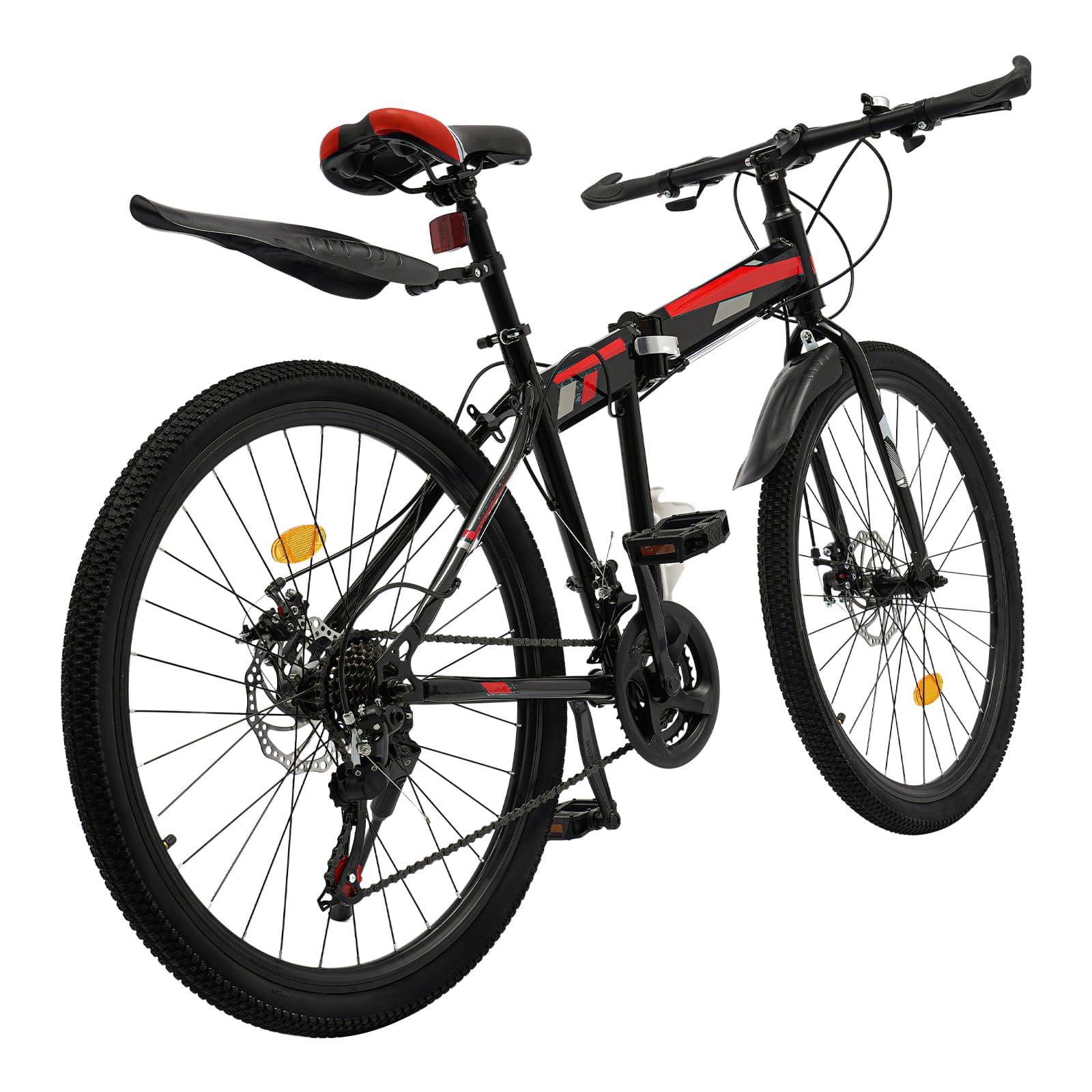 26’ folding mountain bike with 21 gears, high-carbon steel MTB mechanical disc brake, for mountain, road, rural and urban cycling (black & red)