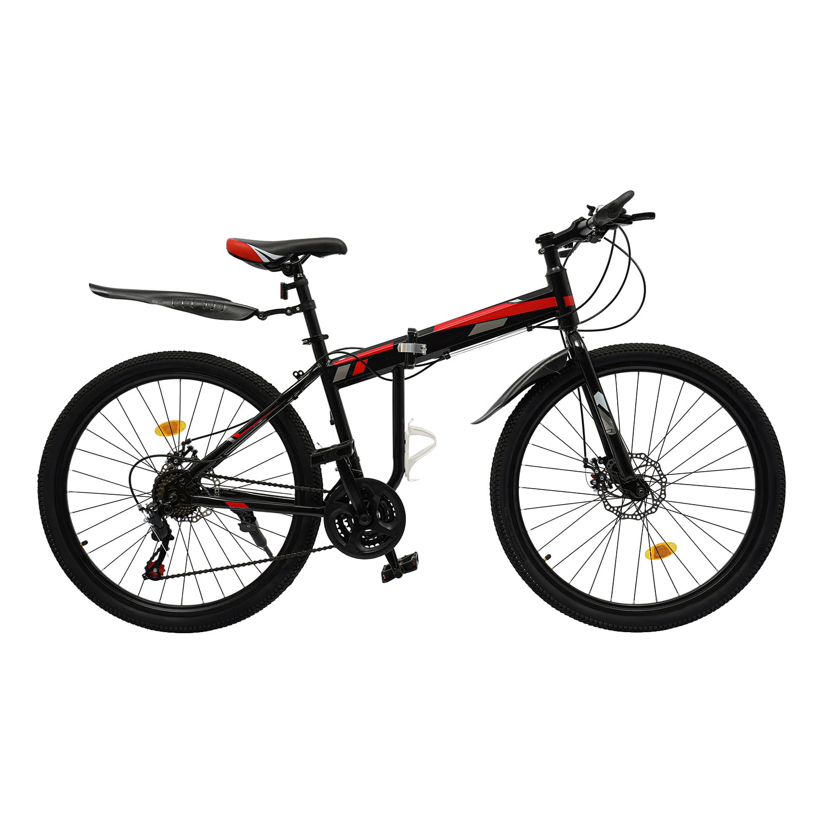 26’ folding mountain bike with 21 gears, high-carbon steel MTB mechanical disc brake, for mountain, road, rural and urban cycling (black & red)