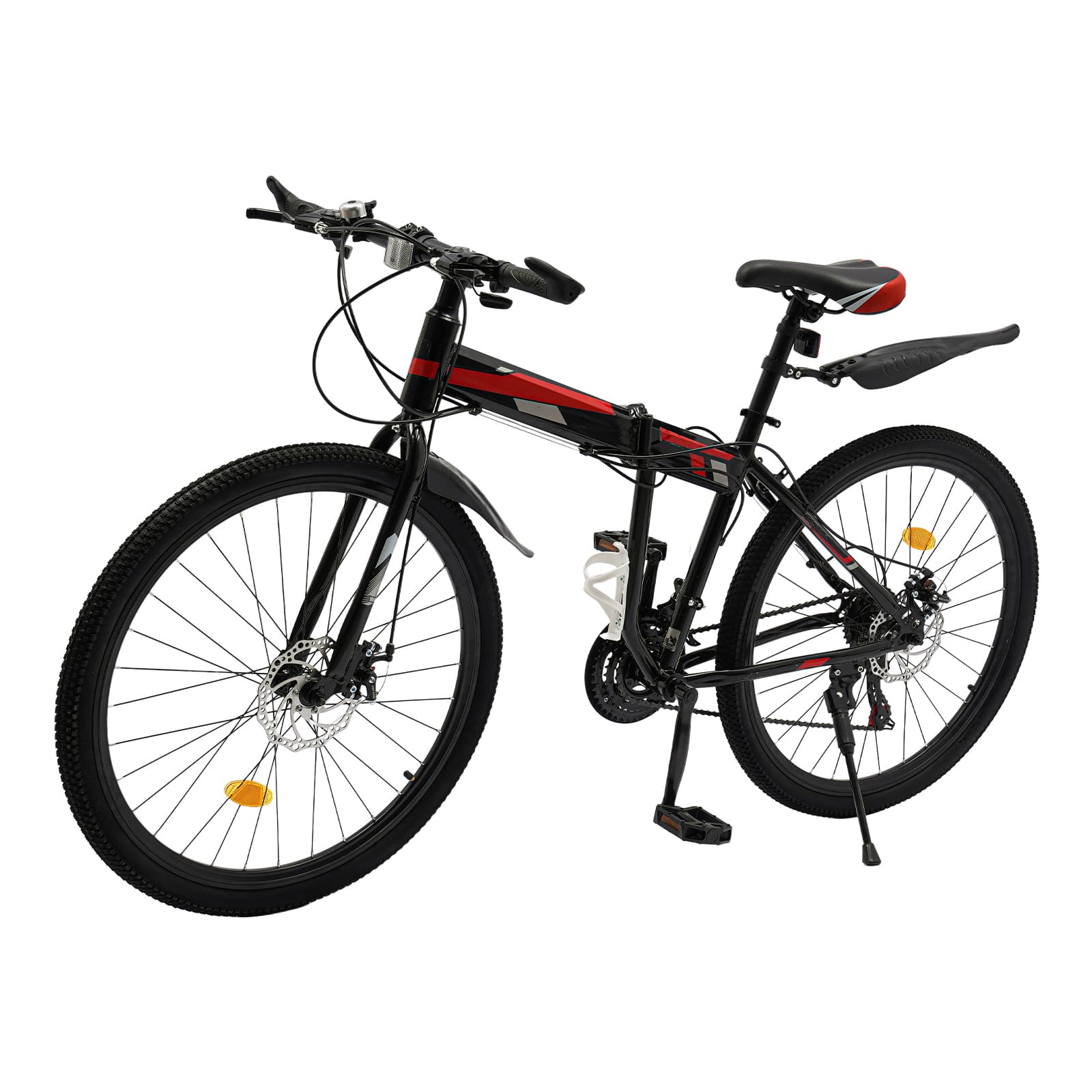 26’ folding mountain bike with 21 gears, high-carbon steel MTB mechanical disc brake, for mountain, road, rural and urban cycling (black & red)