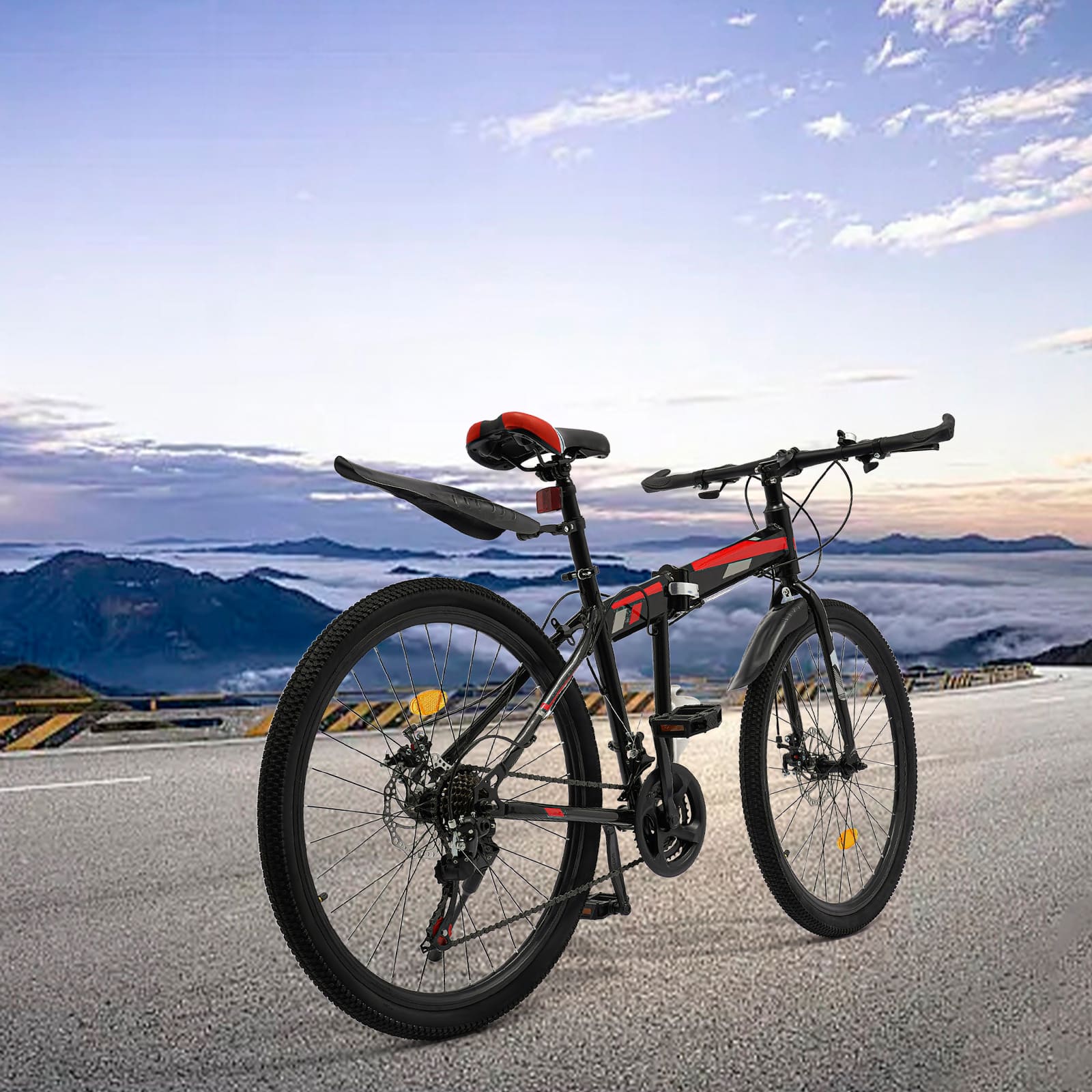 26’ folding mountain bike with 21 gears, high-carbon steel MTB mechanical disc brake, for mountain, road, rural and urban cycling (black & red)
