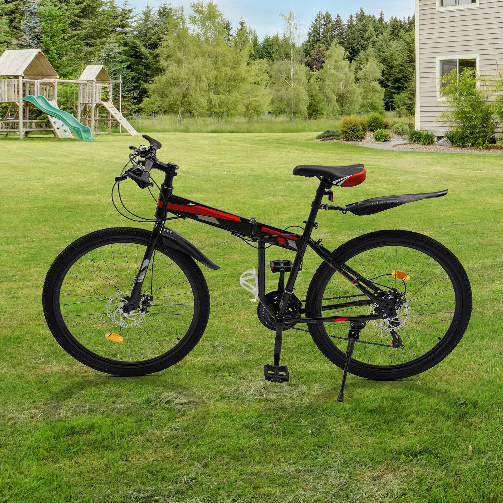 26’ folding mountain bike with 21 gears, high-carbon steel MTB mechanical disc brake, for mountain, road, rural and urban cycling (black & red)