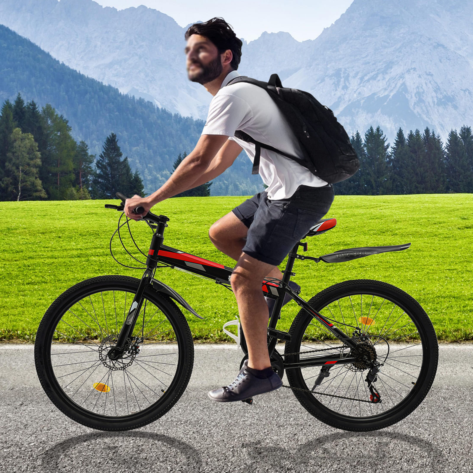 26’ folding mountain bike with 21 gears, high-carbon steel MTB mechanical disc brake, for mountain, road, rural and urban cycling (black & red)