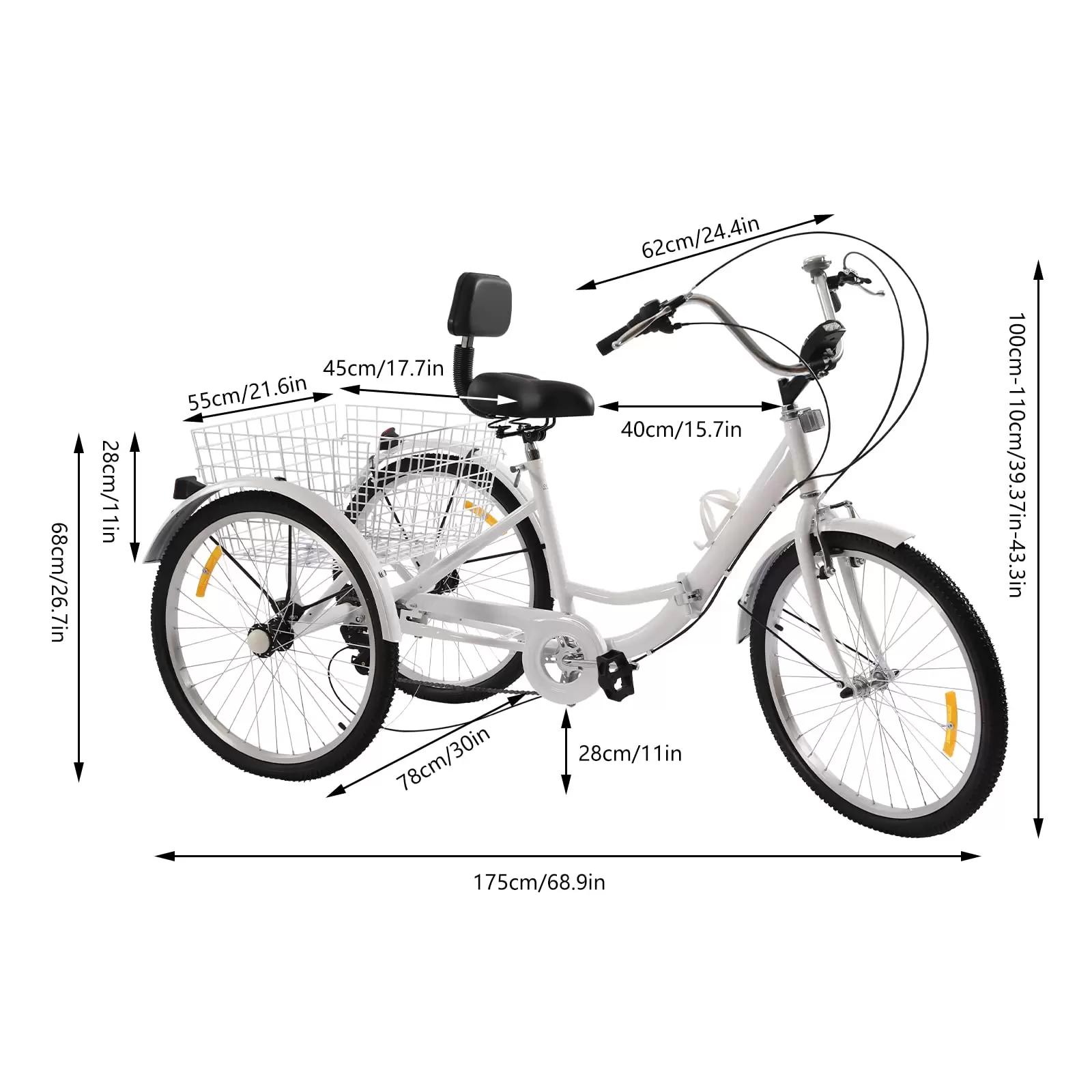 Adult tricycle - 24” - Foldable tricycle - 7 speeds - With cup holder and headlight - 3-wheel tricycle with shopping basket Adult tricycle - 24” - Foldable tricycle - 7 speeds - With cup holder and headlight - 3-wheel tricycle with shopping basket